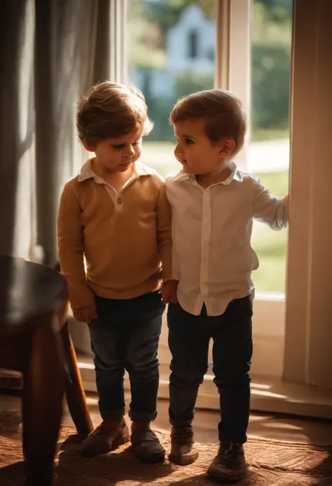 menino: Miguel, aproximadamente 5 anos de idade, cabelo curto estilo Disney, olhos castanhos e sorrisos. garota: Giovana, 2 anos, longos cabelos pretos e olhos azuis. scenecy: Miguel and Giovana are in a cozy little house in the valley, ao fundo um dia ens...