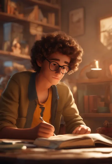 A seventeen-year-old teenage boy curly hair reading comics in Pixar animation, de perto. Facial expressions are captivating, com um toque de irrealidade.