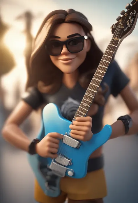 Personagem de desenho animado de um homem branco, jogando Electric Guitar Fender, Wearing black glasses and a blue shirt, um personagem animado, Caractere estilizado, animation style rendering, 3D estilizado, Arnold Maya render, 3 d render stylized, toon r...