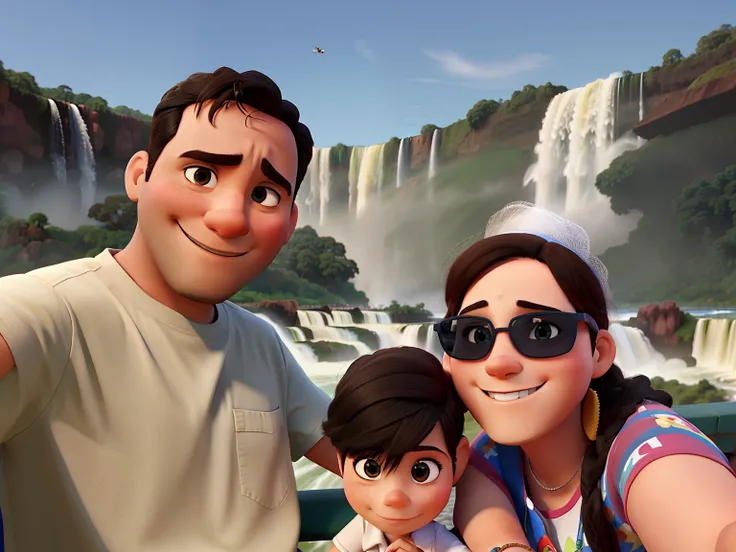 Couple in front of Iguazu Falls,  estilo disney pixar,  alta qualidade