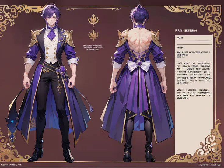 ((Masterpiece, Highest quality)), Male, boy, Detailed face, character design sheet， full bodyesbian, Full of details, frontal body view, back body view, Highly detailed, Depth, Many parts, Muscle boy with purple hair，handsome man, vampire outfit clothes, G...