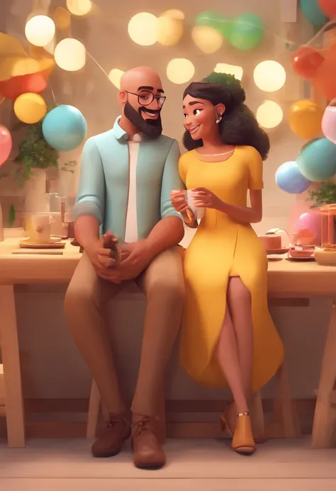 An illustration of an adorable couple, Destacando um homem e uma mulher com beleza, Expressive eyes – the mans hair is bald and brown and he has a full beard, While the womans hair is tied up in a bun and blonde. They are a bright space, Todos com um sorri...