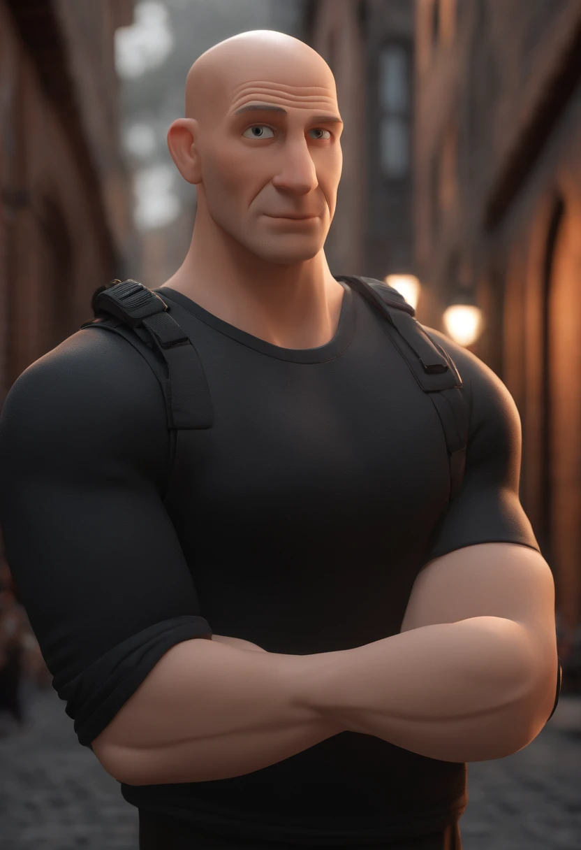 cartoon character of a bald white man, wearing a black shirt with PORTOEX written, in the background white truck written PORTOEX in orange, animation character, Stylized character, rendering style animation, stylized 3D, (PIXAR style) (best quality) (skin ...