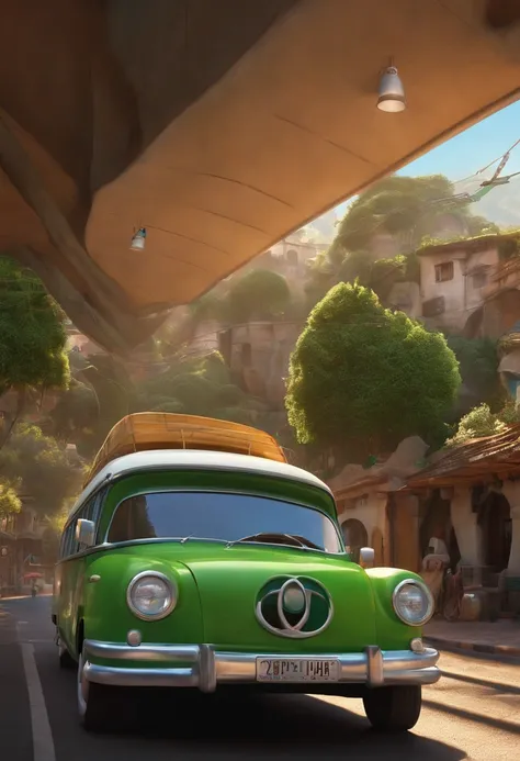 Um homem de 28 anos moreno alto, magro cabelos grisalhos, cavanhaque curto, inspired Disney Pixar works with a white and green bus on the background written Ipojucatur with a Félix title from driver to Traffic coordinator in 3D