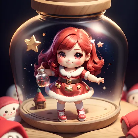 A chibi doll trapped in a magic jar、Cute girl doll dressed as Santa Claus、A smile、Chibi Doll、Stars in the eyes（kirakira）、Eye Up、Laugh、Cute red shoes、foco nítido, Ultra Detail, radiant light、bio luminescent、Taken from the side、Stronger bokeh effect