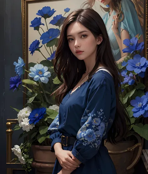 A beautiful woman stares at a painting of blue flowers with a serious expression. Dark brown hair. modern clothing. Room a little dim. 8K image quality.