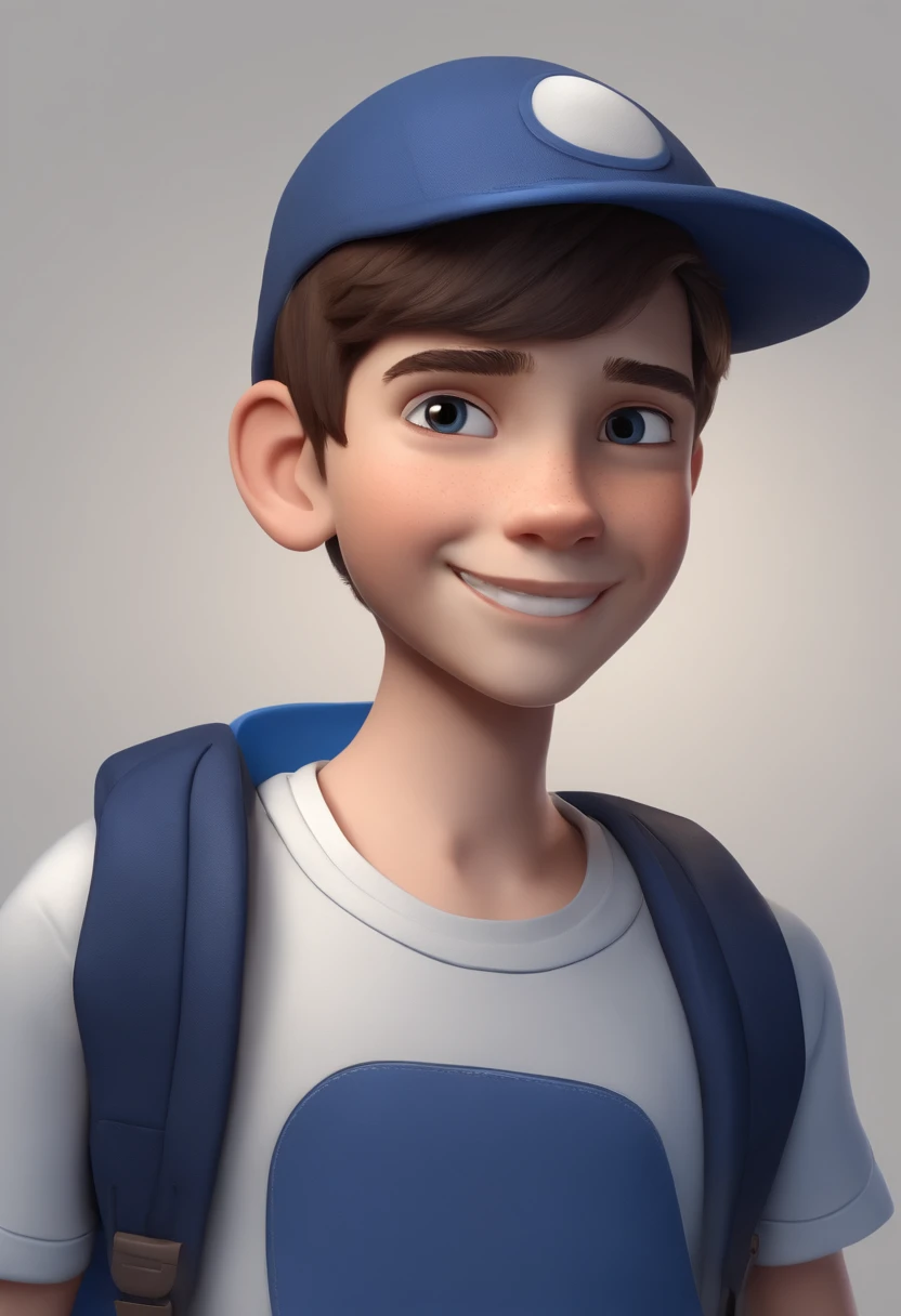 A happy cute boy standing short hair with dark blue cap , vestindo uma camisa azul , , fundo branco, barnet, Tom, Estilo Pixar, ......3d, desenhos animados, rosto detalhado, a