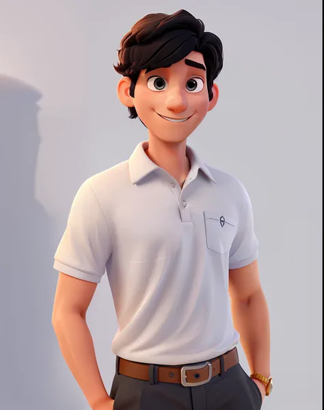 make a Pixar styled 3d man with short black hair and light skin,  wearing a white polo shirt, full body in 3 different pose, isolated, in white background, smile, very detailed face, beauty eyes