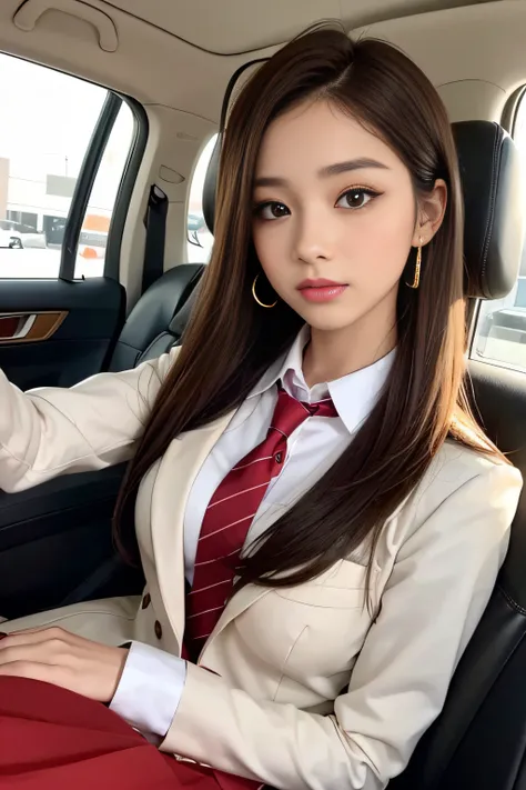 1womanl、(Super beautiful)、(beauitful face)、A detailed face、Take a seat at McDonalds、with spreading legs、(high-school uniform)、(Wearing makeup)、Golden head hair