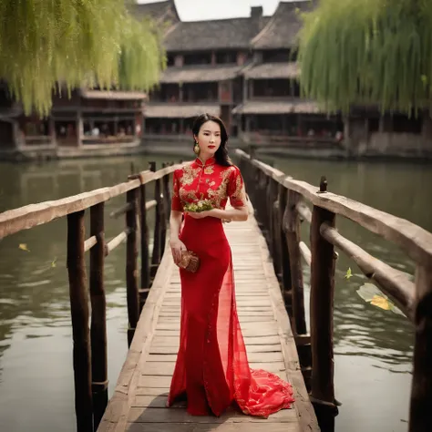 HD magazines，(((Standing on the small bridge in Wuzhen, an 18-year-old Chinese model wearing a traditional Chinese red cheongsam：1.3)))，Full body photo，High-definition and detailed faces， (((Realistic detail expressions：1.3)))，Sony SLR lens，Shoot at medium...