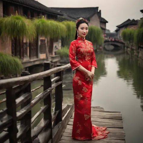 HD magazines，(((Standing on the small bridge in Wuzhen, an 18-year-old Chinese model wearing a traditional Chinese red cheongsam：1.3)))，Full body photo，High-definition and detailed faces， (((Realistic detail expressions：1.3)))，Sony SLR lens，Shoot at medium...