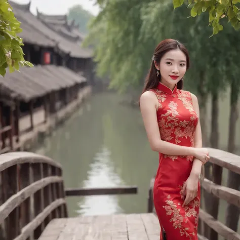 HD magazines，(((Standing on the small bridge in Wuzhen, an 18-year-old Chinese model wearing a traditional Chinese red cheongsam：1.3)))，Full body photo，High-definition and detailed faces， (((Realistic detail expressions：1.3)))，Sony SLR lens，Shoot at medium...