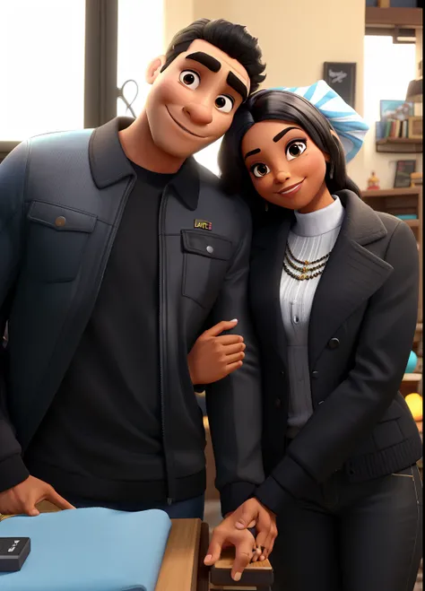 Homem negro e Mulher brasileira , mulher magra, estilo Disney pixar ,alta qualidade,melhor qualidade