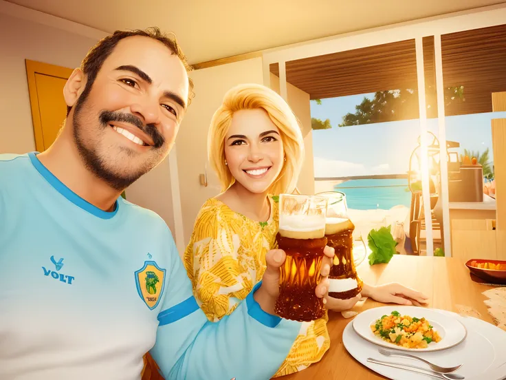 casal sorridente segurando uma cerveja e um prato de comida em uma mesa, no estilo Pixar com alta qualidade