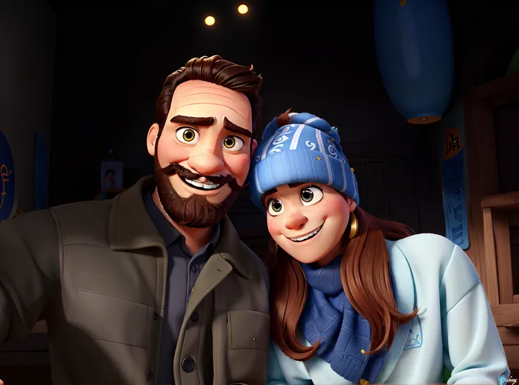 Poster estilo Disney Pixar. Um homem com barba baixa, sorrindo, com uma mulher de touca cinza, sorrindo, estilo Disney Pixar, alta qualidade, melhor qualidade.