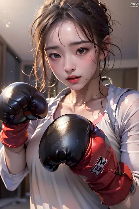 Girl practicing boxing，Wearing boxing gloves on his hands，(steams:1.1),(Trembling:1.1),(Sweat:1.1),Pubic Area Showing,(teens girl,boxing),boxer,(4K), (RAW photo: 1.2), (Realism: 1.4), (masutepiece: 1.3), (exquisite detailing: 1.2), Delicate and beautiful d...