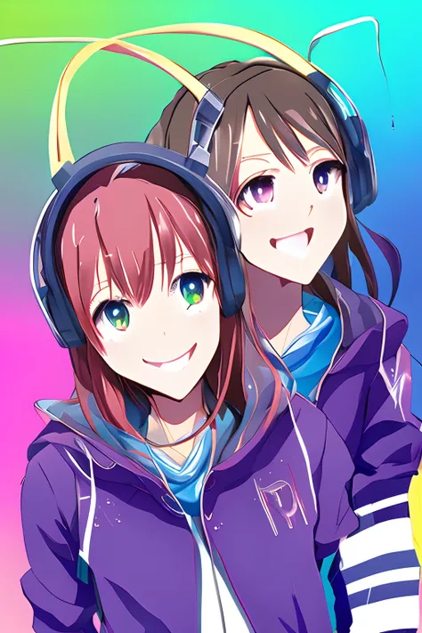 A pink-haired　parka　Yellow headphones　High school students　校服　Green and blue eyes　animesque