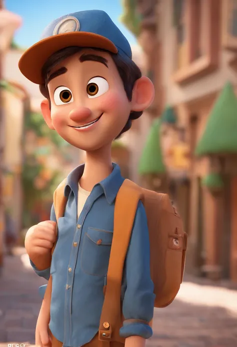 o 3D da Pixar, pixar renderman rendering, maia 8 mil, animated film, Disney Pixar Estilo 3D, wearing light blue shirts and cream brown long pants, camisa azul clara, cream brown pants, ao ar livre, vacation, Disney Pixar Animated Poster Man Smiling, com ba...