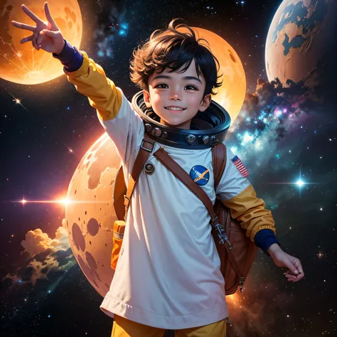 "Hello, jovens exploradores! Welcome to our space mission", said Captain Solaris with a warm smile. "You are about to live the most exciting adventure of your lives!" .Cores e estilo: Utilize uma paleta de cores vibrantes, com tons de azul, roxo, verde, ro...