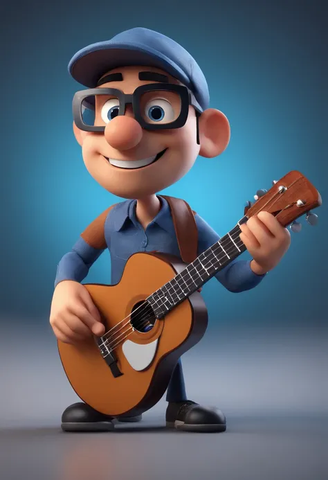 Cartoon character of a Guitar Player with black glasses and a blue shirt, animation character, Caractere estilizado, animation style rendering, 3D estilizado, Alexandre Oliveira render, 3 d render stylized, toon render keyshot, Personagem 3D, Personagem 3D...