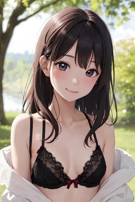 女の子1人, sixteen years old, the bow, (lace lingerie), bare chest, small breasts, cleavage, perky tits, a picture、realisticlying、top-quality、adopt、A detailed face、mare、细致背景、diffuse sunlight、depth of fields、Bokeh、embarassed expression,  smile, closed mouth, po...