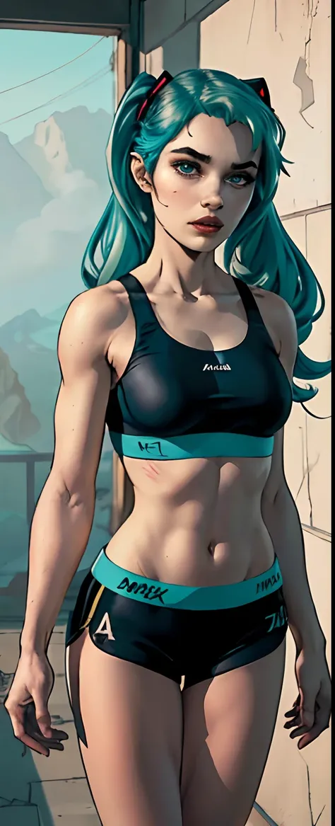 (master part), (best quality), altamente detalhado, HDR, 1girl, foco solo, dentadura da pele,sports bra，shorts curtos，panthyhose， rosto perfeito, Cara inchada, beautiful face, olhos grandes, olhos inchados, olhos perfeitos, chicote，Hatsune Miku，Rosto extre...