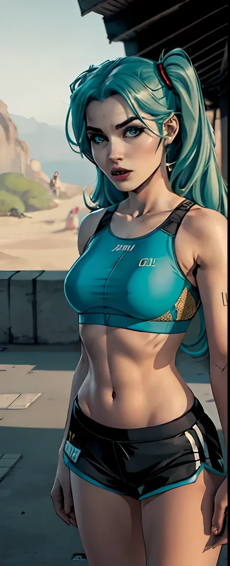 (master part), (best quality), altamente detalhado, HDR, 1girl, foco solo, dentadura da pele,sports bra，shorts curtos，panthyhose， rosto perfeito, Cara inchada, beautiful face, olhos grandes, olhos inchados, olhos perfeitos, chicote，Hatsune Miku，Rosto extre...