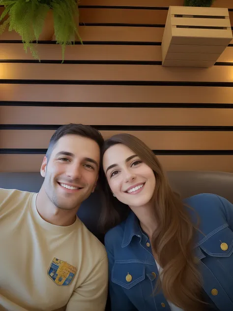 There are two people sitting on a couch smiling for a picture, Directed by: Nandor Soldier, Casal feliz, casal sorridente, momma and papa, Retrato de duas pessoas, estilo pixar, imagem de perfil, sitting at a café, in a coffee shop, retrato de casais, both...