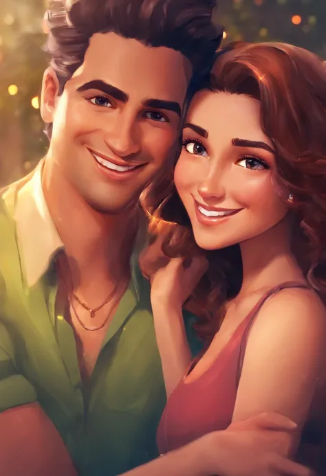 An illustration of an adorable couple, Destaque para um homem de pele branca bronzeada, olhos verdes,cabelo loiro curto,Smiling and a brunette woman with beautiful expressive eyes - the woman is black and the womans hair is curly and brown. Cada um com um ...