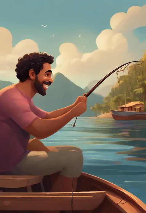 Create a pixar-style artwork of a young, light-skinned Brazilian man in his 40s, with short black wavy hair, a slightly rounded, beardless face, small eyes and a happy expression, he is in a boat fishing with a fishing rod