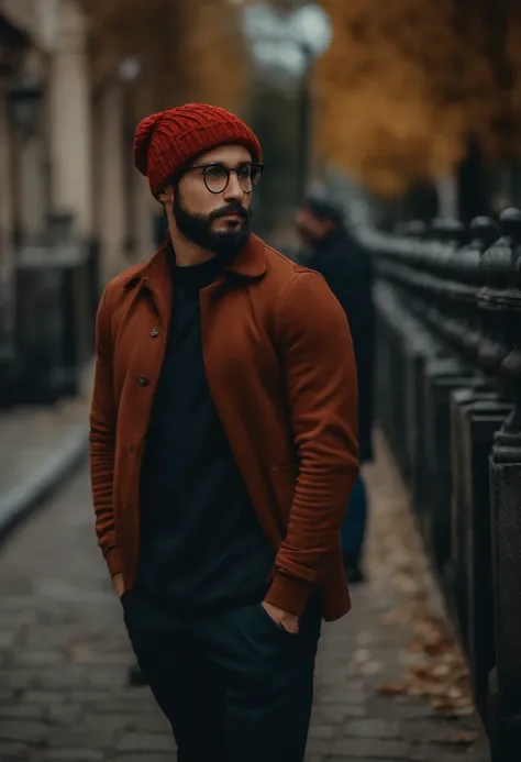 Homem gordo, 24 anos, eyeglass, bonnet, barba grande, standingn, corpo inteiro, fotografia, rua escuro, 8k, realismo, roupas inverno, basquete