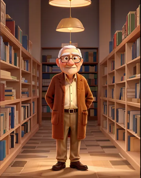 A wise old man standing in front, illuminated by the light of a lamp, against the backdrop of a library