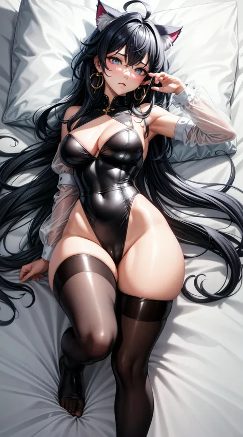 (best quality:1.5, highres, UHD, 4K, detailed lighting, shaders), black wavy hair, gradient hair, cat ears, large breasts, big butt, big thighs, mature woman, small shirt, small pants , (pov), full body, white background, colorful eyeshadow, dramatic light...