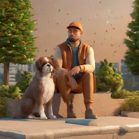 Adult in cap with his brown Shitzu dog sitting on a wall in a park