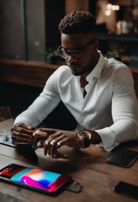 Short-haired black man in glasses sitting at a table with several iPhones, MacBooks around and an iPhone in his hand