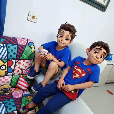 Theres two boys sitting on a couch together, meninos bonitos, both smiling for the camera, Salvando o dia novamente, Super heroes, divertindo-se, dois amigos sentados em uma sala, Looks doces, cabrito, Directed by: Nandor Soldier, Mohamed Reda, super heroi...