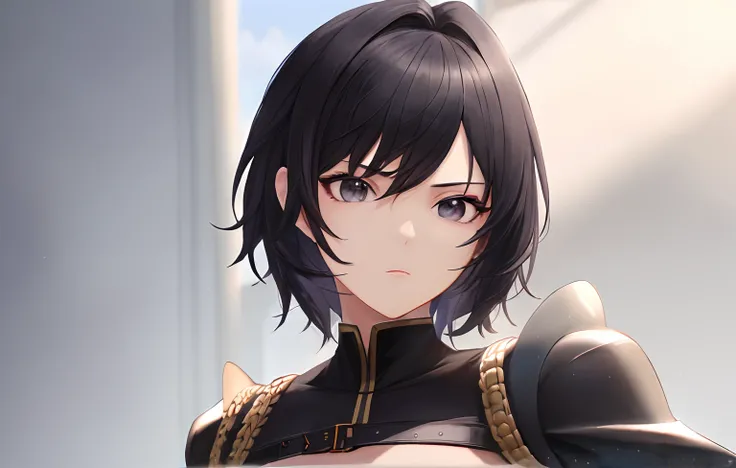 ((masterpiece)), highres, Muscular woman, Black hair, Black eyes, tall body, Small face, Short hair, Royal Hair, Royal outfit, Neutral Expression, Solo, Combatitive, Younger, 14 years old,