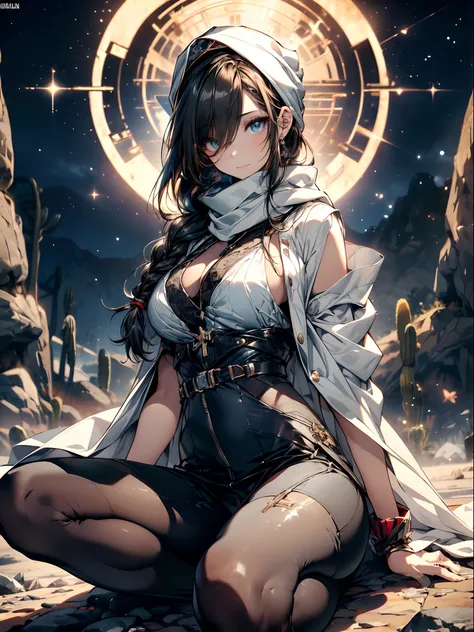 a matured woman with long black hair and a white outfit, (at a rock place in a desert:1.5), (resting in oasis:1.2, sitting with spreading legs:1.5, Yoga posing, with cross-legged:1.3, Indian style, in front of full moon:1.2), Arabic, (Post apocalyptic:0.0)...