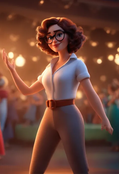 Pixar style image with 3D character white glasses brunette woman short curly hair dancing, Maquiagem Disney,Pescador, bonitinho, sorridente ,Close-up, Pixar, Disney, Cinema lighting,