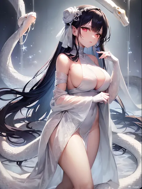 ((Finest quality)),(超A high resolution),(ultra-detailliert),(Meticulous portrayal),((Best CG)),(Finest works of art),Ultra-Precision Art,The art of astounding depiction, (White Big Snake:1.5),(1人の女性:1.5),(Clear crimson eyes:1.5),(Black straight long hair:1...