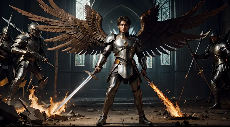 A painting of the archangel Michael in full armor, with his flaming sword in his right hand and his shield in his left hand. Miguel is standing on a battlefield, with an army of demons surrounding him.