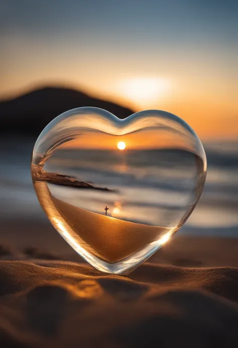 Double exposure of a glass heart, immersed in a soft and romantic atmosphere.  Use the double exposure technique to create a vivid, dynamic picture.  Inside the glass heart, Visualize a beautiful gleaming silver cross in front of a wavey beach amidst the v...