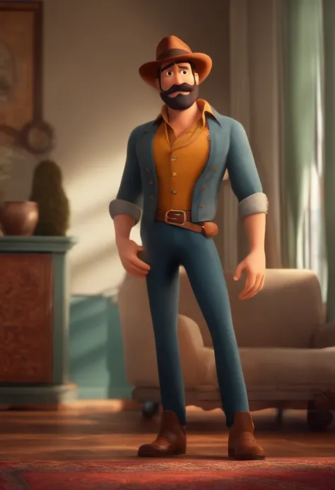 Estilo pixar, homem 30 anos, bonnet, olhos meio puxados e castanhos, barba e bigode