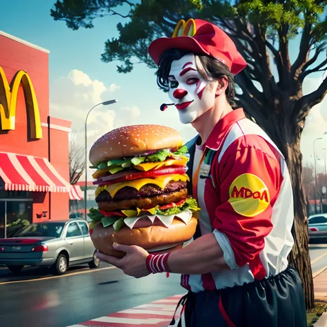 McDonalds clown offering a burger, Behind him a tree full of hamburgers