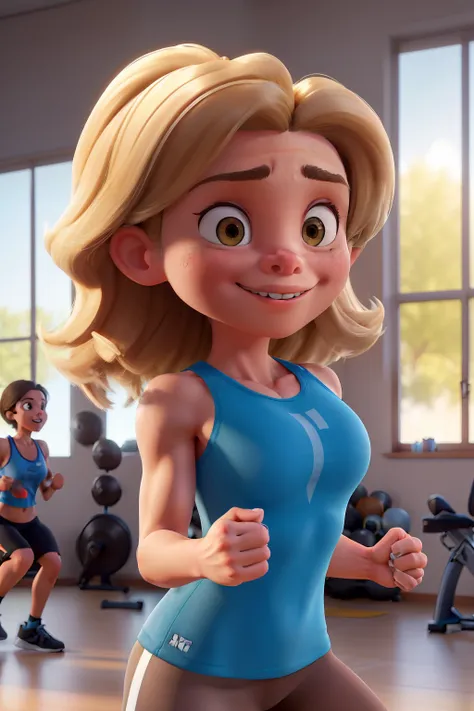 (a 40-year-old white woman, shoulder-length hair, brown with blonde highlights, exercising in the gym), (best quality, 4k, highres, realistic:1.2), (portrait, fitness), (bright, vibrant colors), (studio lighting), (detailed facial features, defined muscles...