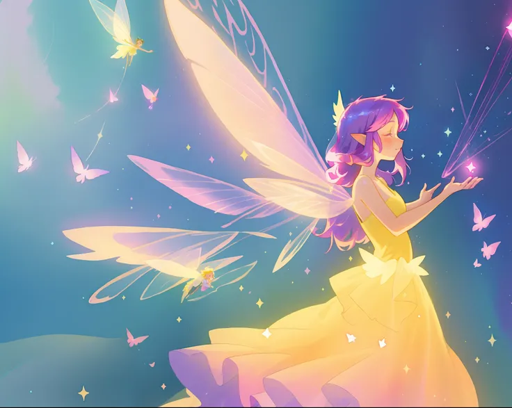 beautiful fairy girl in layered yellow dress, fluttering fairy dress, (huge sparkling pink fairy wings), long dark purple hair, fairy queen, (glowing fairy wings), glowing flowing ballgown, sparkling fairy wings, watercolor illustration, glowing aura aroun...