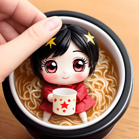 A small doll is placed on the lid of the cup ramen、A smile、Chibi Doll、Stars in the eyes（kirakira）、Eye Up、Long Black Hair、Laugh、Cute red shoes、Ultra Detail, radiant light、bio luminescent、Taken from the side、Stronger bokeh effect