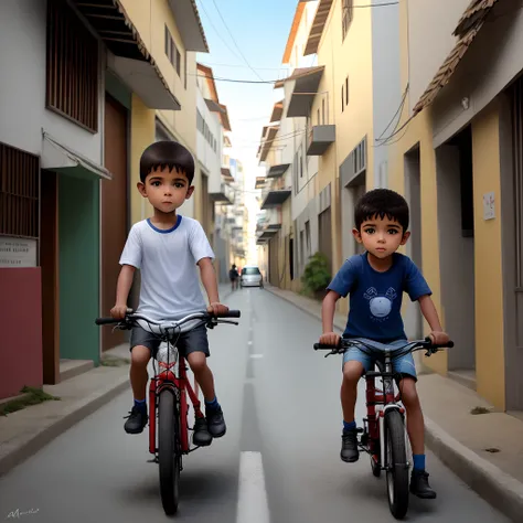 Cria uma imagem de menino andando de bicicleta pela cidade