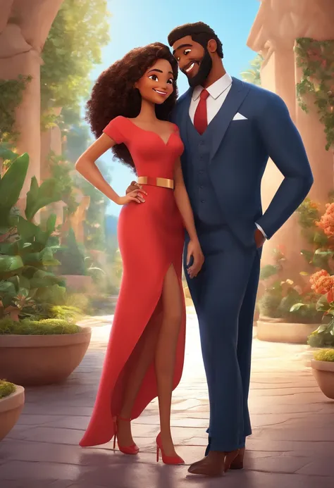 An illustration of an adorable couple, Spotlight on a mulatto man with a beard in a red cap and black outfit, e uma mulher cabelo cacheado com lindos olhos expressivos e roupa elegante, The mans skin is mulatto ,The womans skin is fair, Womans hair is curl...