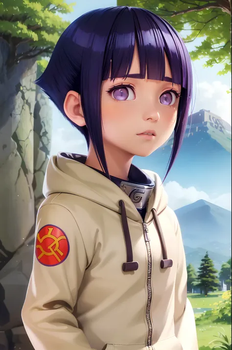 1girl, hinata_hyuuga, portrait, short hair, blue hair, blunt bangs, sidelocks, white eyes, no pupils, hoodie, forehead protector, jacket, mountain